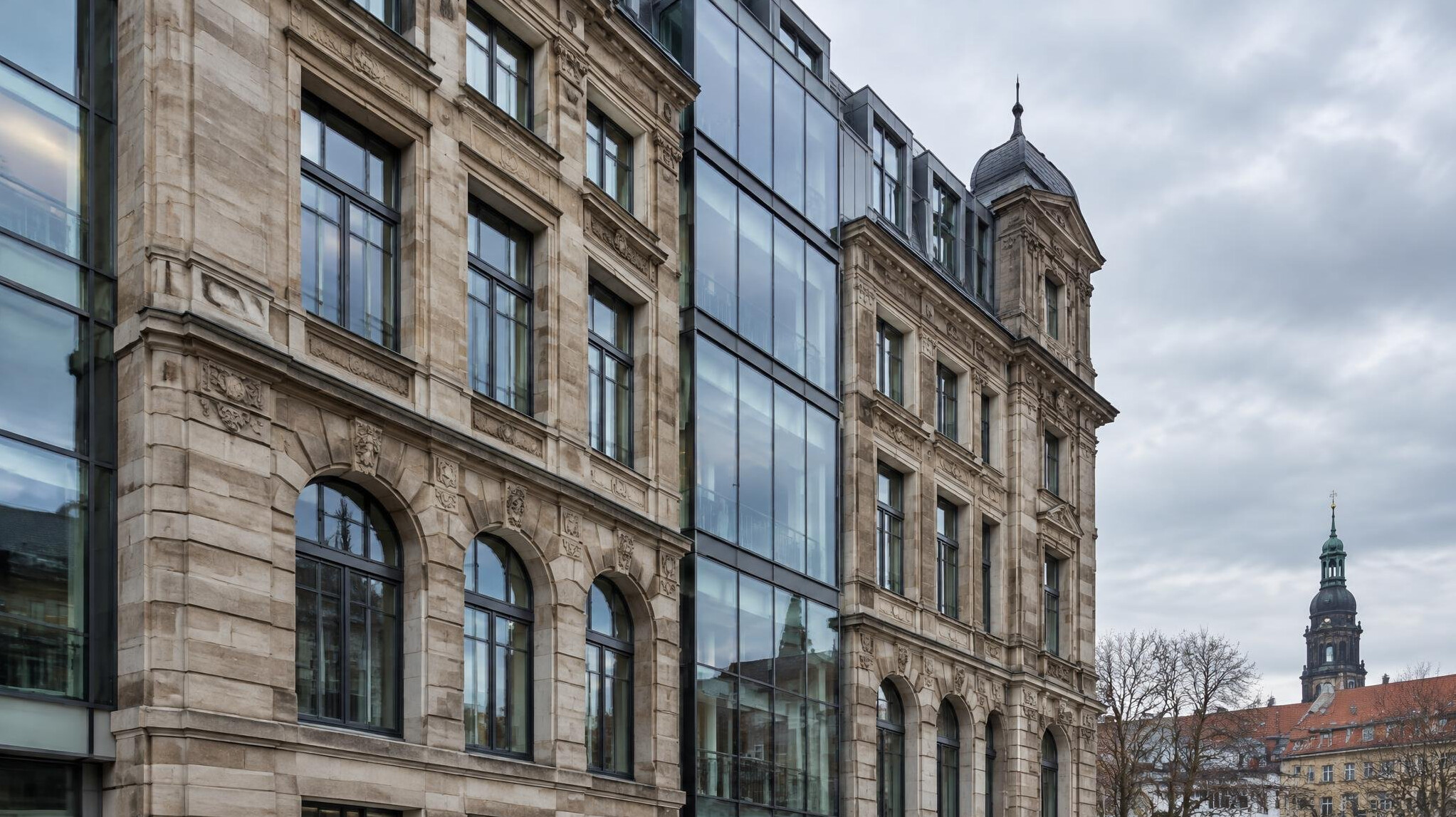 Modern and old buildings facade in a German city