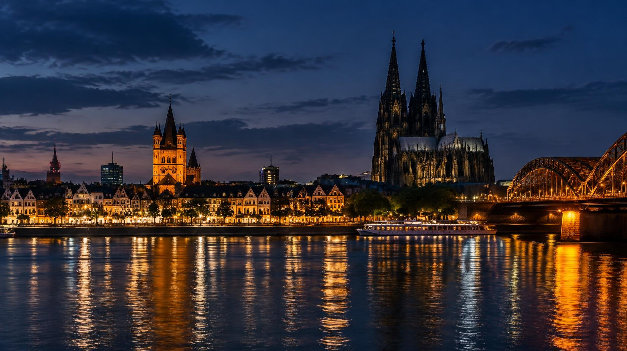 Cologne riverside city lights at night