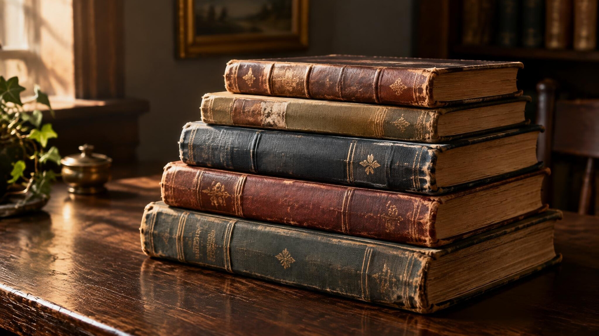 Pile of vintage books on a table