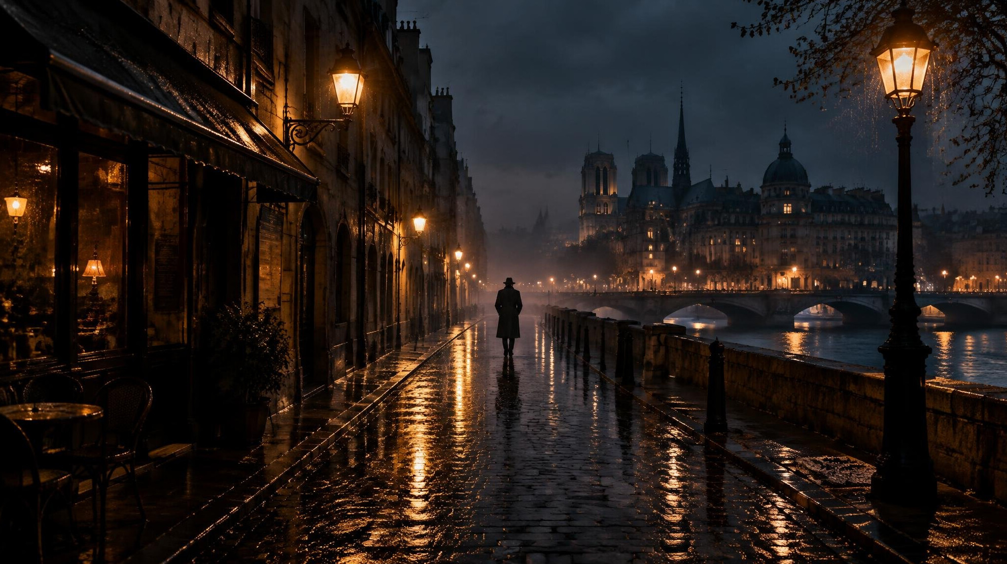 Rainy German city street at night with glowing lamps
