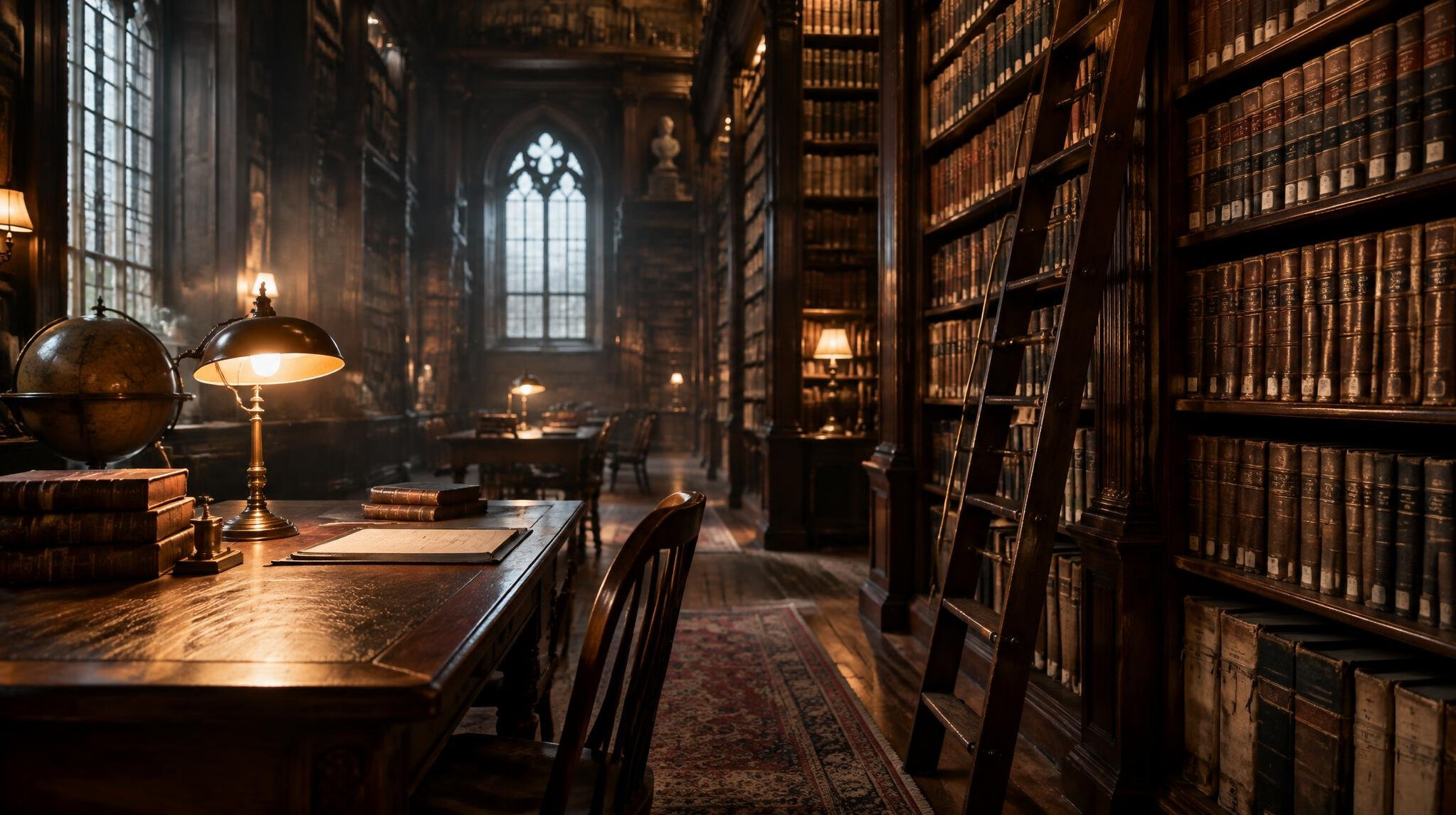 Old library with tall wooden shelves full of archive books