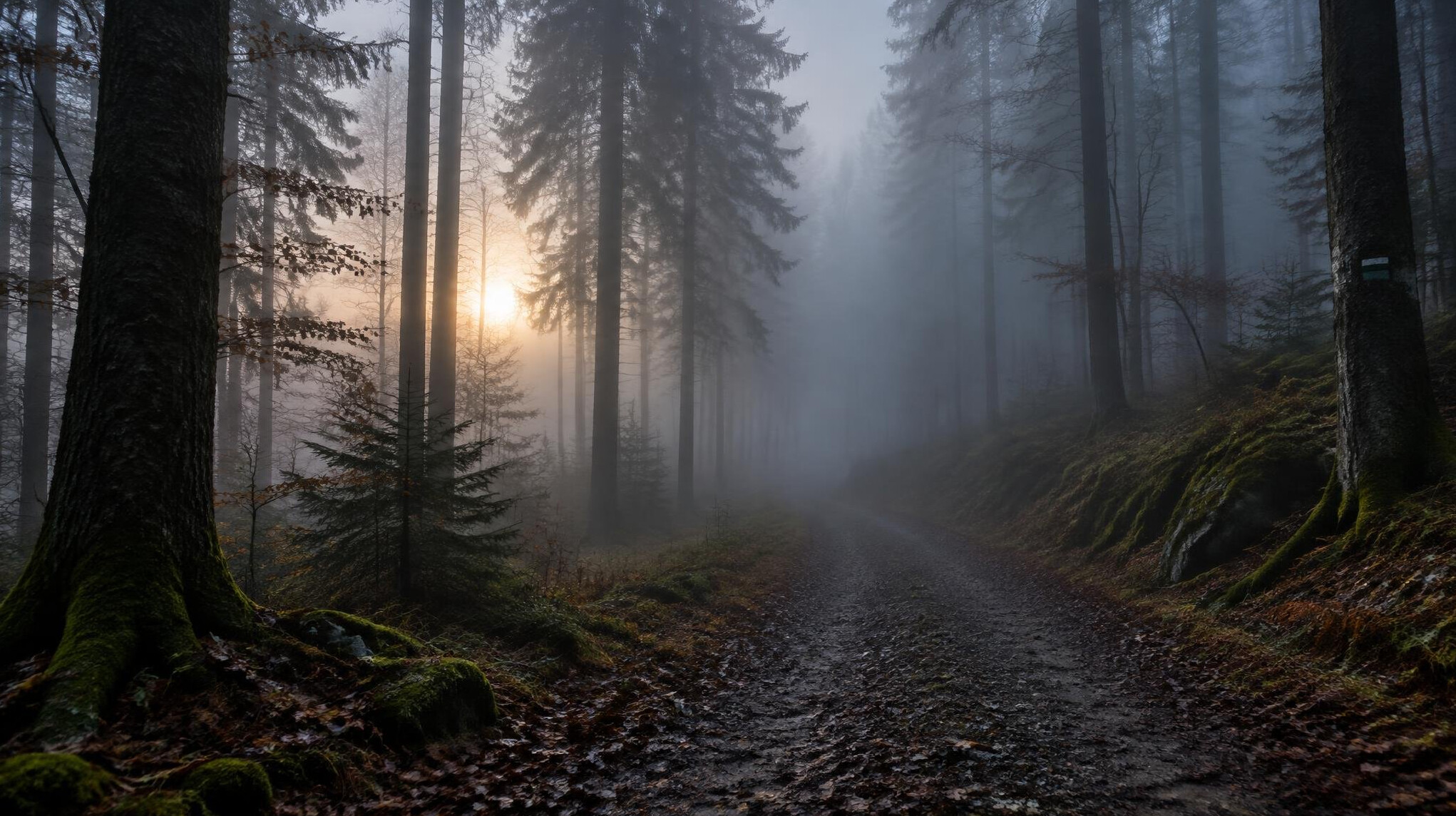 Foggy dark forest path in the early morning
