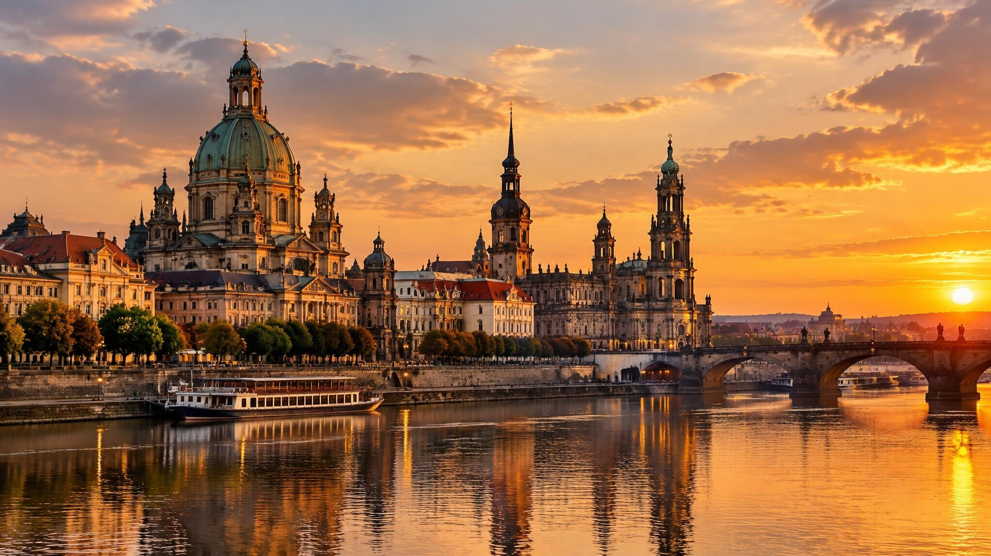 Baroque old town along the river in Dresden at dusk