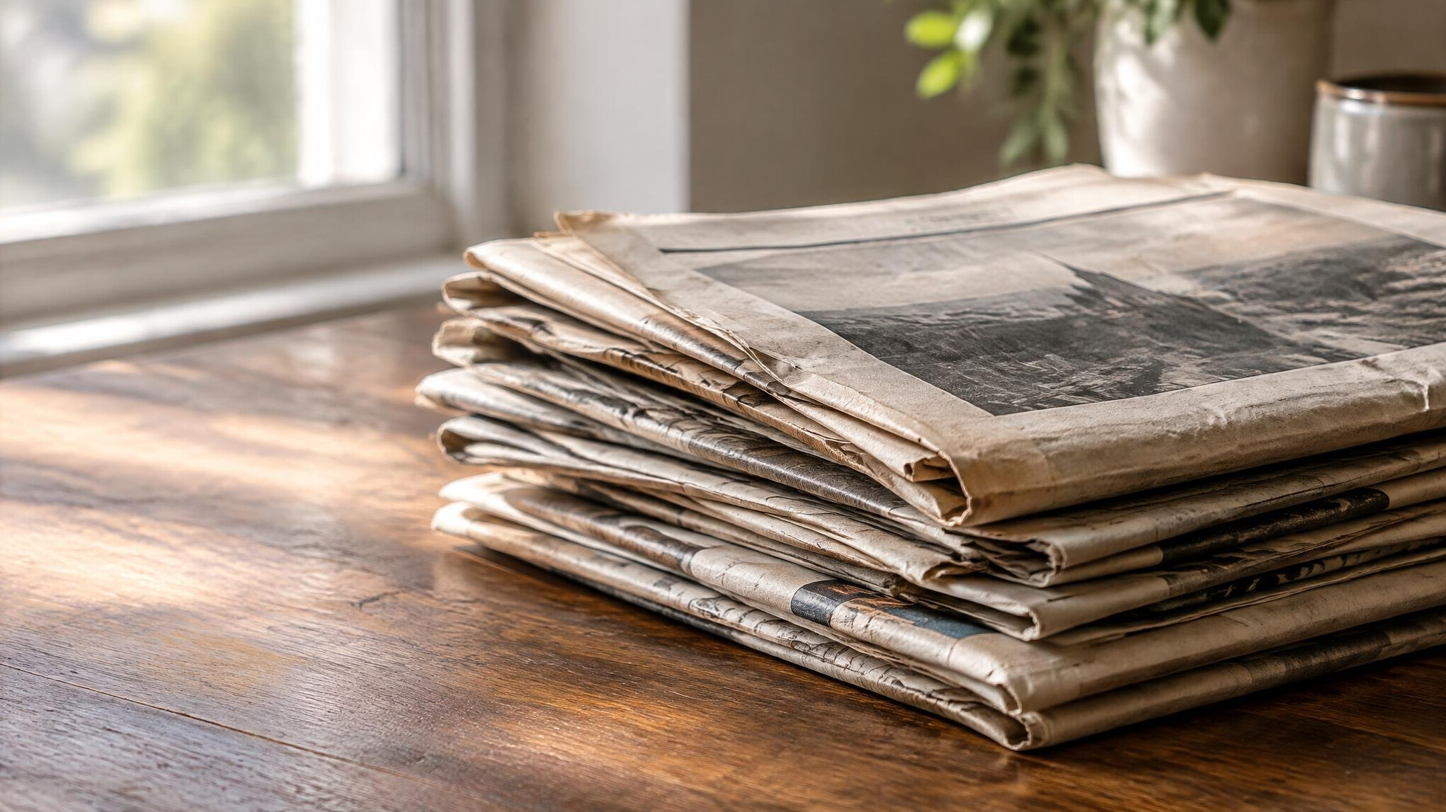 Stack of old newspapers on a table