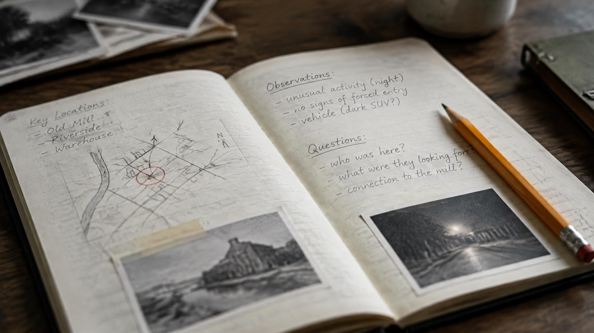 Open notebook with handwritten notes and a pencil